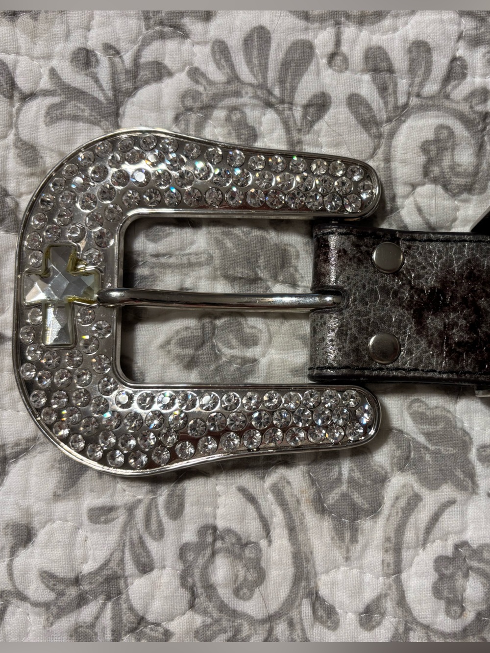 Nocona Silver Crystal Buckle Belt with Stitched Crosses and Wings on Belt.